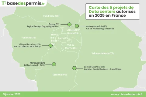 carte des 5 projets de Data Centers autorisés en 2025 en France